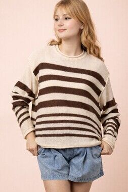 12W-3603N Chocolate | Striped Oversized Knit Summer Sweater Top | Sizes S-L